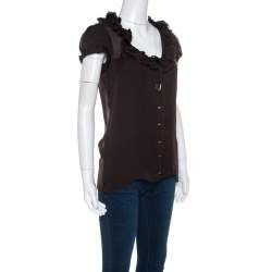 Pre Owned Roberto Cavalli Brown Ruffled Silk Sheer Blouse S