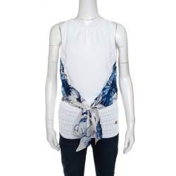 Roberto Cavalli White and Blue Printed Cutout Back Front Tie Sleeveless Top S