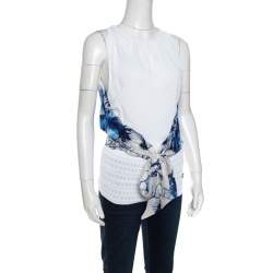 Roberto Cavalli White and Blue Printed Cutout Back Front Tie Sleeveless Top S