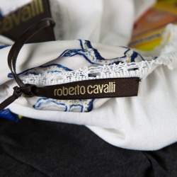 Roberto Cavalli White and Blue Printed Cutout Back Front Tie Sleeveless Top S