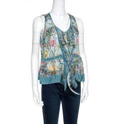 Pre Owned Roberto Cavalli Blue Floral Printed Silk Ruffled Feather Tie Detail Blouse M