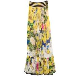 Pre Owned Roberto Cavalli Yellow Wonderland Printed Silk Flounce Bottom Maxi Skirt S