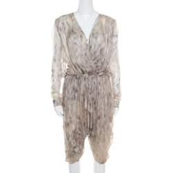 Pre Owned Roberto Cavalli Beige Printed Silk Gathered Waist Detail Cropped Harem Jumpsuit M