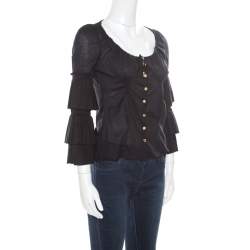 Pre Owned Roberto Cavalli Black Cotton Voile Tiered Sleeve Buttoned Blouse S