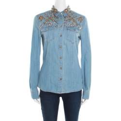 Roberto Cavalli Embellished Faded Effect Denim Long Sleeve Shirt M