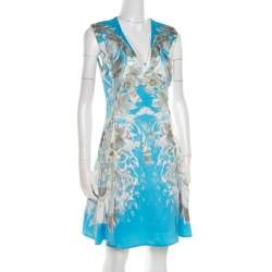 Roberto Cavalli Blue Floral Printed Satin Sleeveless Flared Dress S