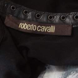 مملوكة مسبقًا بلوزة روبرتو كافالي حرير نقشة الفهد أسود حواف جلدية M