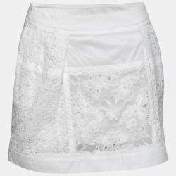 Pre Owned Roberto Cavalli White Broderie Anglaise Cotton Lace Paneled Mini Skirt S