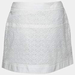Pre Owned Roberto Cavalli White Broderie Anglaise Cotton Lace Paneled Mini Skirt S