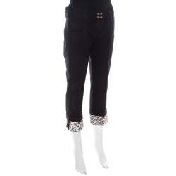 Pre Owned Roberto Cavalli Black Denim Leopard Printed Cuff Cropped Jeans M