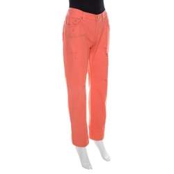 Roberto Cavalli Coral Pink Cotton Denim Logo Print Distressed Jeans L