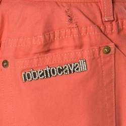 Roberto Cavalli Coral Pink Cotton Denim Logo Print Distressed Jeans L