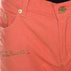 Roberto Cavalli Coral Pink Cotton Denim Logo Print Distressed Jeans L