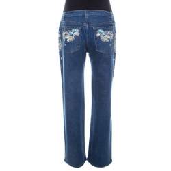 Pre Owned Roberto Cavalli Blue Crystal Embellished Denim Wide Leg Jeans L