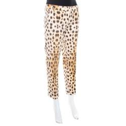 Pre Owned Roberto Cavalli Beige Leopard Print Cotton Tapered Ankle Grazer Trousers M