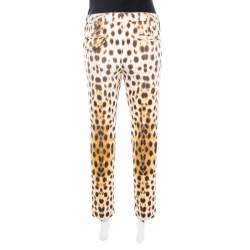 Pre Owned Roberto Cavalli Beige Leopard Print Cotton Tapered Ankle Grazer Trousers M