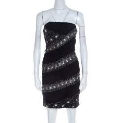 Pre Owned Roberto Cavalli Black Embellished Silk Ruched Strapless Dress S