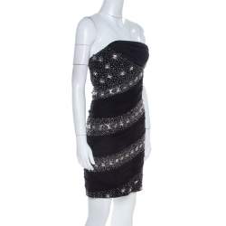 Pre Owned Roberto Cavalli Black Embellished Silk Ruched Strapless Dress S