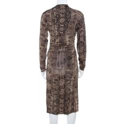 Pre Owned Roberto Cavalli Brown Snake Printed Jersey Ruched Detail Dress S