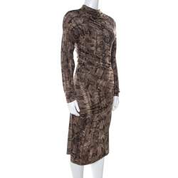 Pre Owned Roberto Cavalli Brown Snake Printed Jersey Ruched Detail Dress S