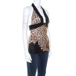 Pre Owned Roberto Cavalli Brown Cheetah Print Silk Tulle Trim Halter Top S