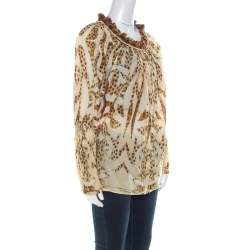 مملوكة مسبقًا Roberto Cavalli Beige Leopard Printed Cotton Ruched Neckline Poet Blouse M 