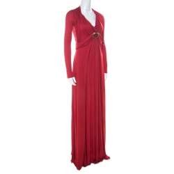 Pre Owned فستان ماكسي روبرتو كافالي جيرسيه سترتش أحمر بأكمام طويلة  S