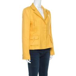 Pre Owned Roberto Cavalli Yellow Textured Linen Blend Button Front Blazer M