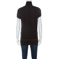 Pre Owned توب روبرتو كافالي صوف تريكو بني مضلع حرير مطبوع برقبة مضلعة  M