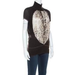 Pre Owned توب روبرتو كافالي صوف تريكو بني مضلع حرير مطبوع برقبة مضلعة  M