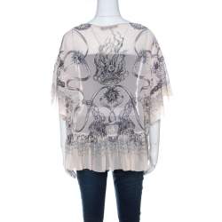 Pre Owned Roberto Cavalli Cream and Brown Silk Chiffon Botanical Print Top M