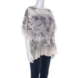 Pre Owned Roberto Cavalli Cream and Brown Silk Chiffon Botanical Print Top M
