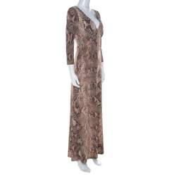 Pre Owned Roberto Cavalli Brown Python Print Front Lace Detail Maxi Dress M