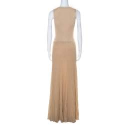 Pre Owned Roberto Cavalli Gold Rib Lurex Knit Waist Cut Out Detail Evening Dress M 