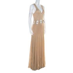Pre Owned Roberto Cavalli Gold Rib Lurex Knit Waist Cut Out Detail Evening Dress M 