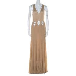 Pre Owned Roberto Cavalli Gold Rib Lurex Knit Waist Cut Out Detail Evening Dress M 