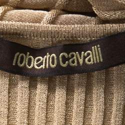 Pre Owned Roberto Cavalli Gold Rib Lurex Knit Waist Cut Out Detail Evening Dress M 