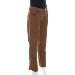 Pre Owned Roberto Cavalli Brown Stretch Cotton Leather Piping Detail Jeans M