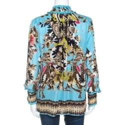 Pre Owned Roberto Cavalli Blue Printed Silk Ruffled Collar Detail Blouse M