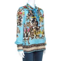 Pre Owned Roberto Cavalli Blue Printed Silk Ruffled Collar Detail Blouse M