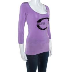 Pre Owned Roberto Cavalli Lilac Jersey Embellished Logo Scoop Neck Top S