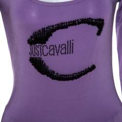 Pre Owned Roberto Cavalli Lilac Jersey Embellished Logo Scoop Neck Top S