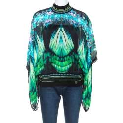 Pre Owned Roberto Cavalli Green Printed Silk Knit Trim Detail Batwing Top S