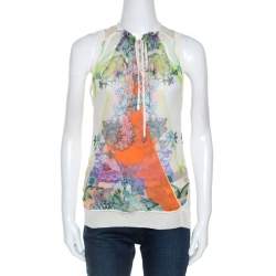 Pre Owned توب روبرتو كافالي أكمام وجه متقاطع بلا أكمام حرير مطبوع متعدد الألوان S