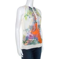 Pre Owned توب روبرتو كافالي أكمام وجه متقاطع بلا أكمام حرير مطبوع متعدد الألوان S