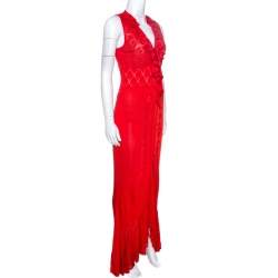 Pre Owned Roberto Cavalli Red Pointelle Knit Ruffle Trim Maxi Dress S