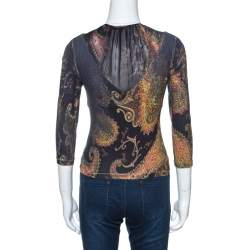 Roberto Cavalli Black Printed Stretch Knit Neck Tie Detail Top S
