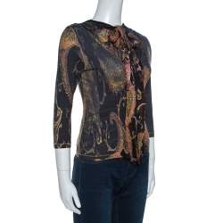 Roberto Cavalli Black Printed Stretch Knit Neck Tie Detail Top S