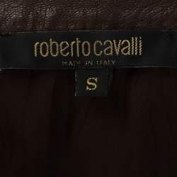 مملوكة مسبقًا Roberto Cavalli Brown Silk Satin Leather Trim Button Front Shirt S