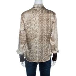 Pre Owned Roberto Cavalli Beige Printed Silk Contrast Trim Button Front Shirt M